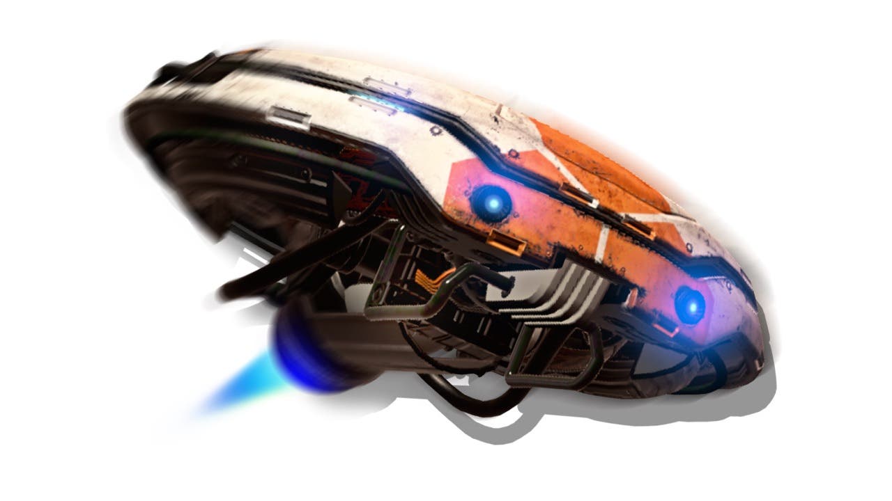 عمل فني لرفيق الروبوت الطائر في No Man's Sky - وهو في الأساس جهاز Roomba طائر باللونين البرتقالي والأبيض بعيون إلكترونية.